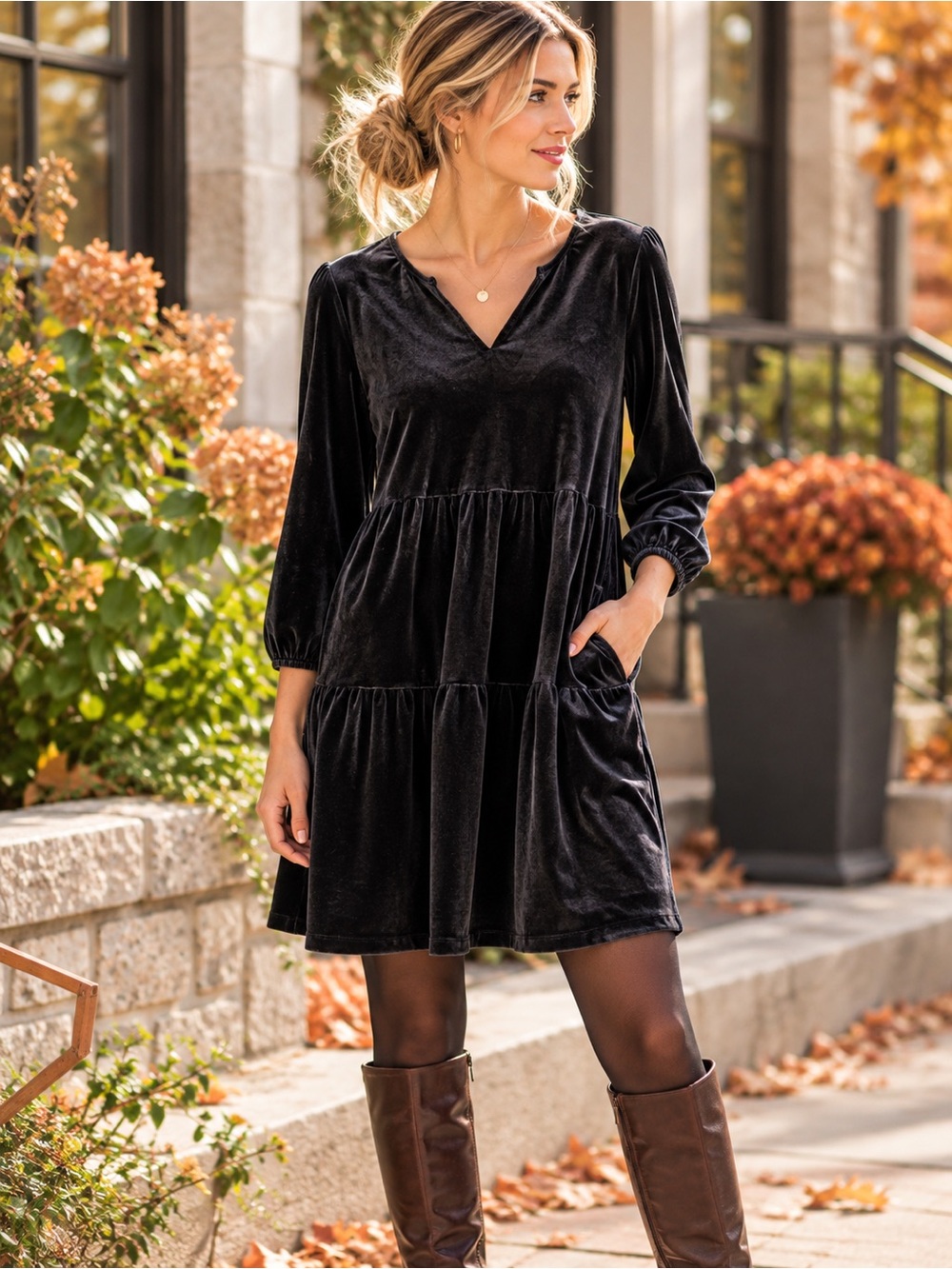 Gap Black Velvet Tiered Mini Dress Long Sleeve Pockets XS